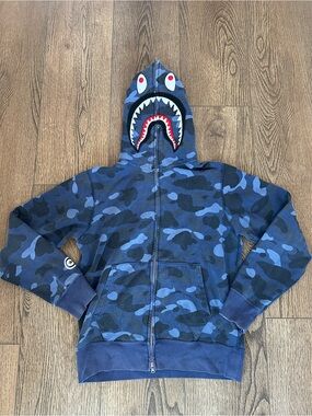 Vintage Bape Blue Camo Shark Full Zip Hoodie (M)